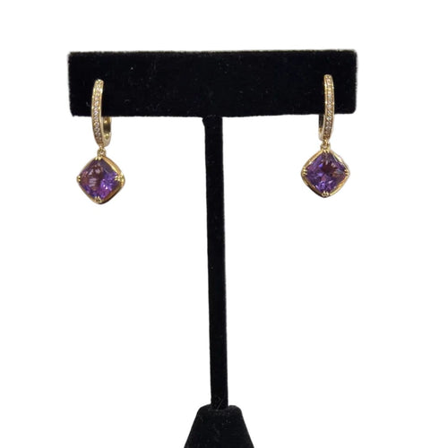 14K Yellow Gold Cushion Amethyst Diamond Drop Earrings 5.98g (view 1)