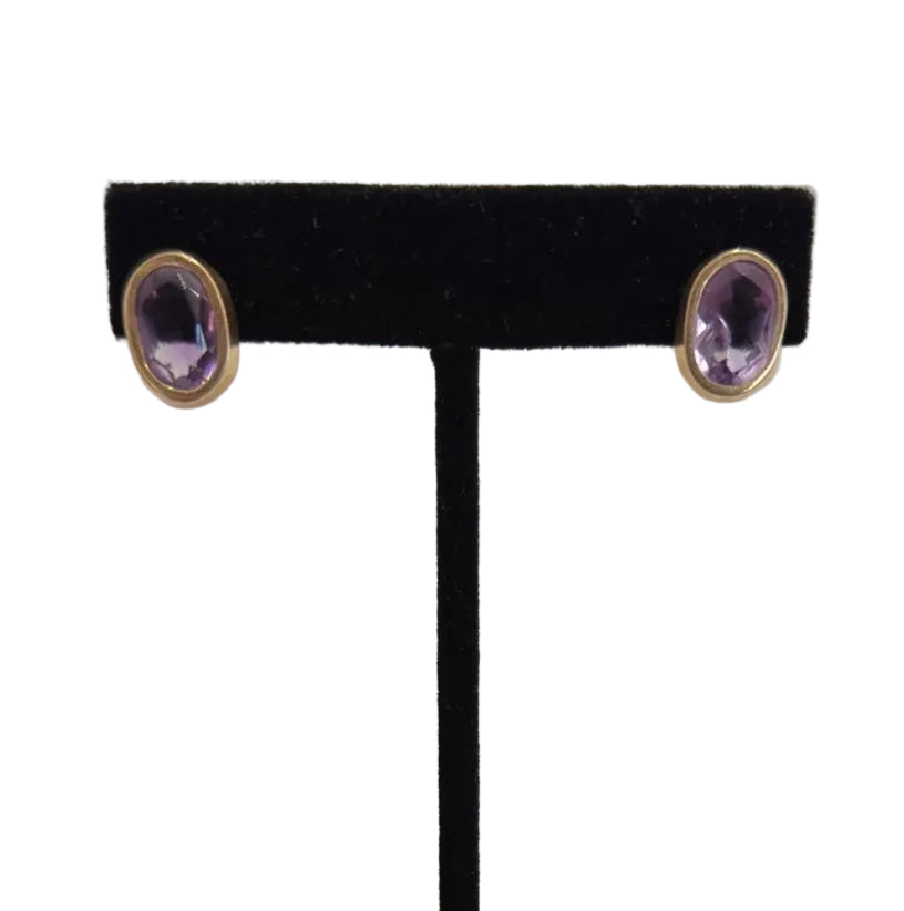 14K Yellow Gold Oval Amethyst Bezel-Set Stud Earrings, 3.39g (view 5)