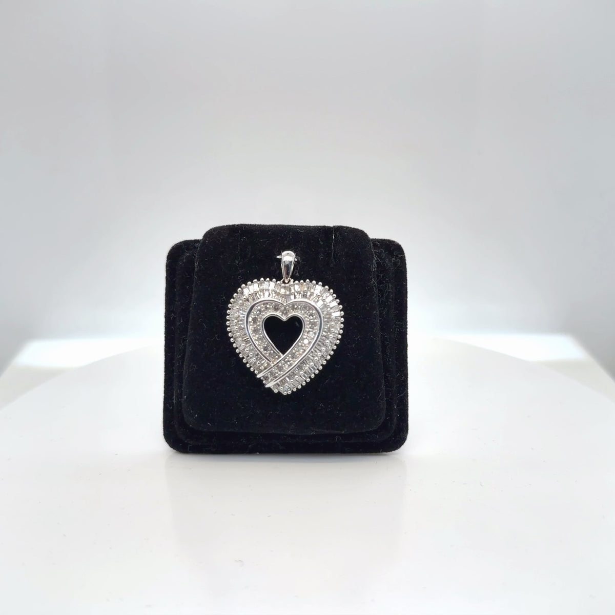 Diamond Heart Pendant 10K White Gold 2.25 CTW Baguette Round Cut