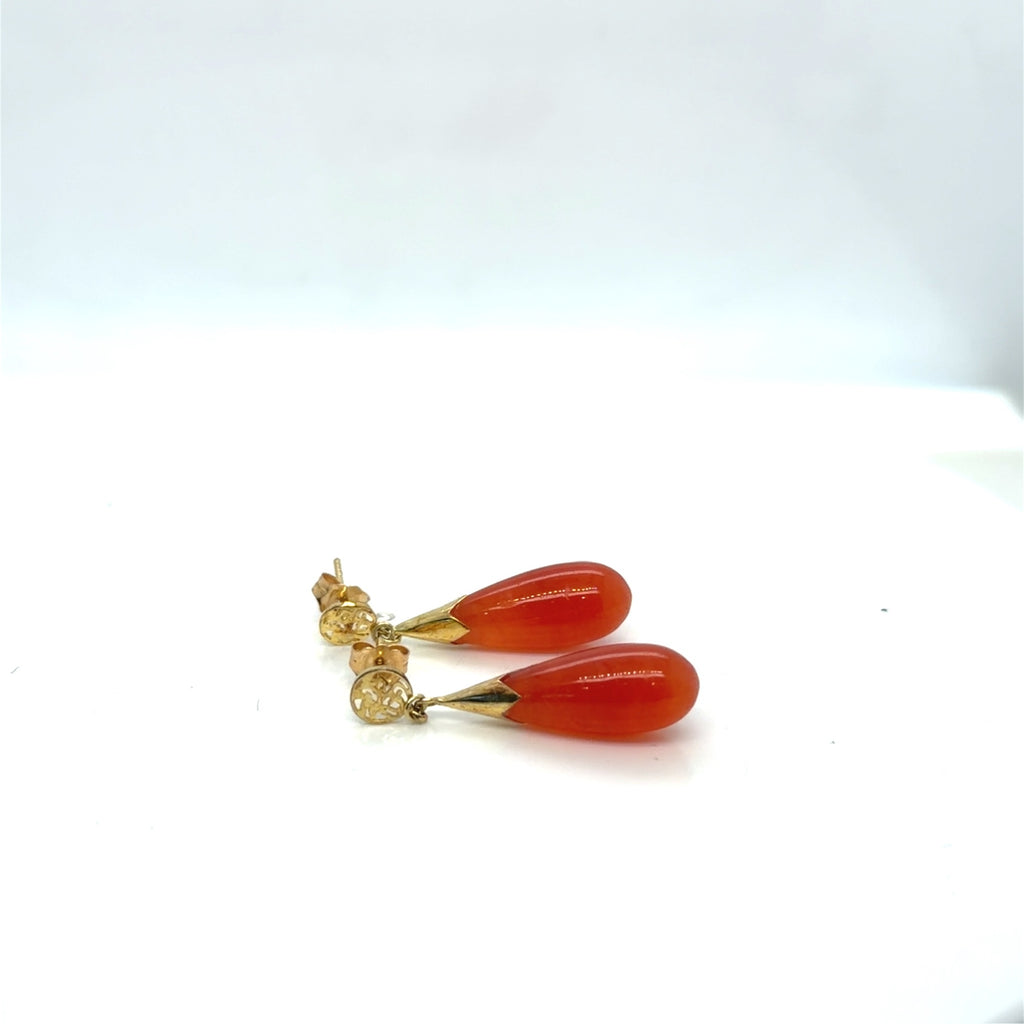 Carnelian Teardrop Drop Earrings 14K Yellow Gold Filigree Stud 4.37g (view 3)