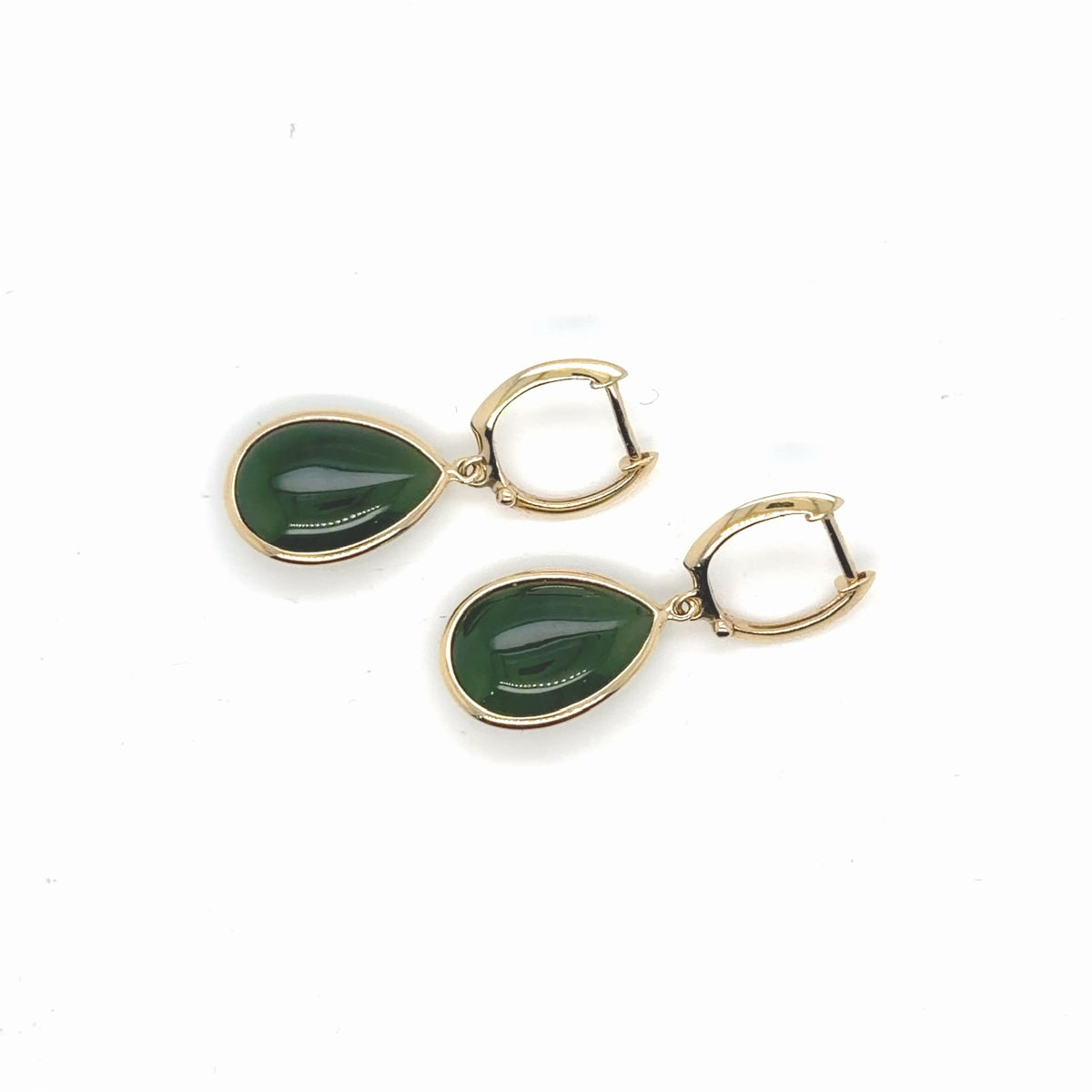 14K Yellow Gold Jade Pear Cabochon Drop Hoop Earrings, 4.05g (view 4)