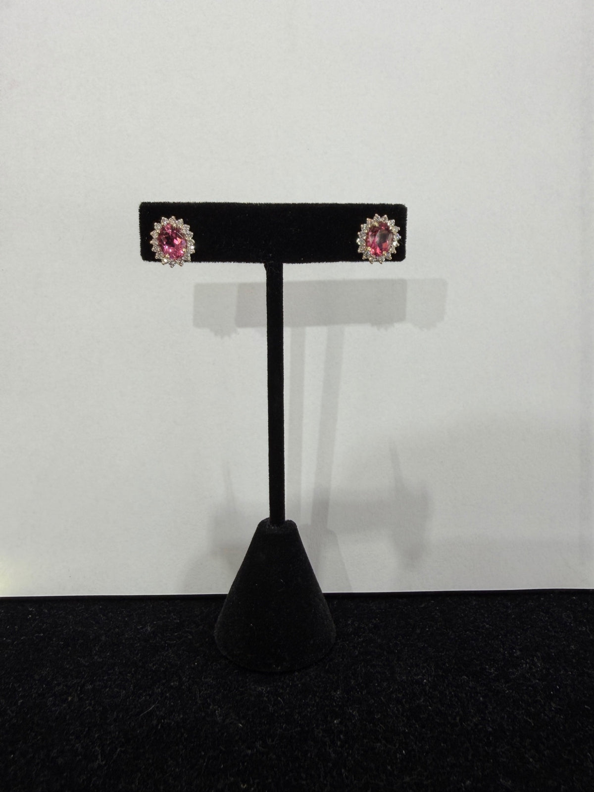 14K Yellow Gold Pink Synthetic Stone Diamond Halo Stud Earrings 0.90 ctw (view 4)