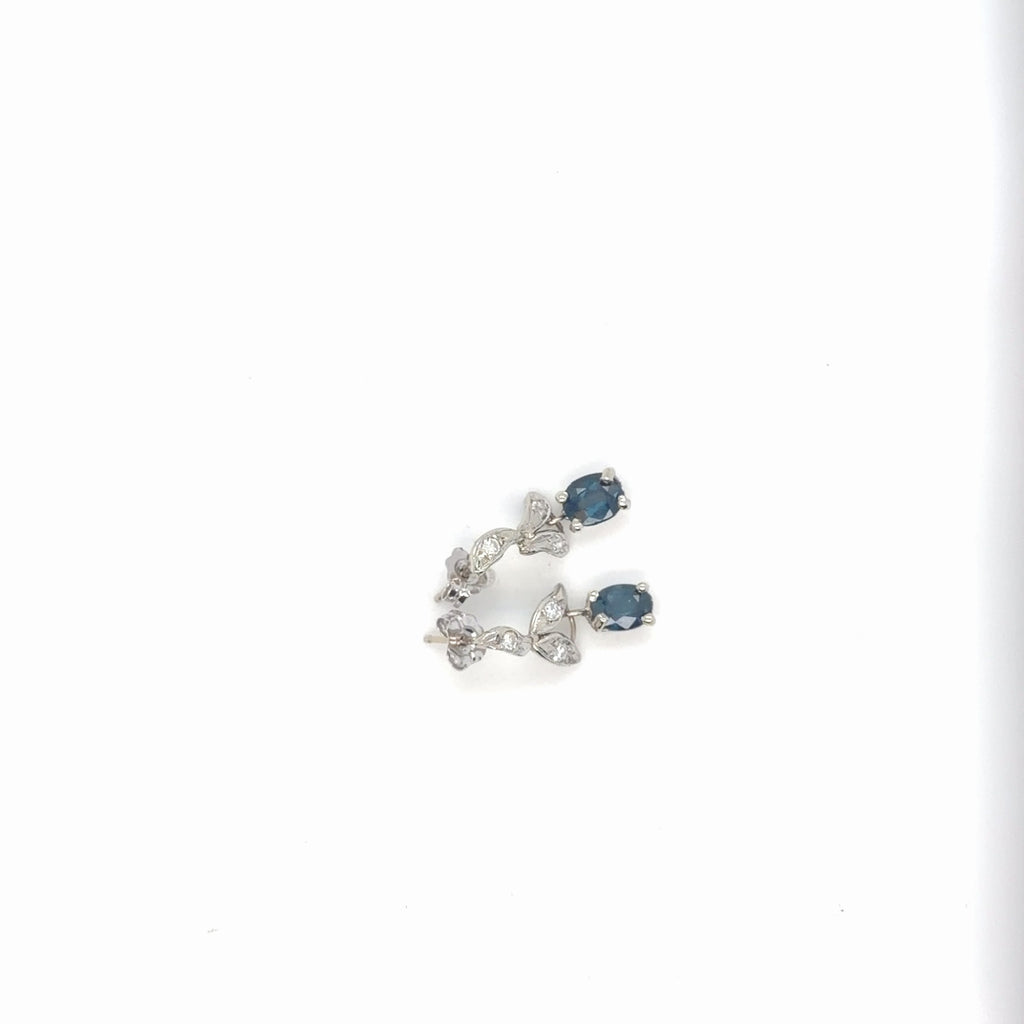 14K White Gold Blue Sapphire Oval & Diamond Drop Earrings 1.93g (view 2)