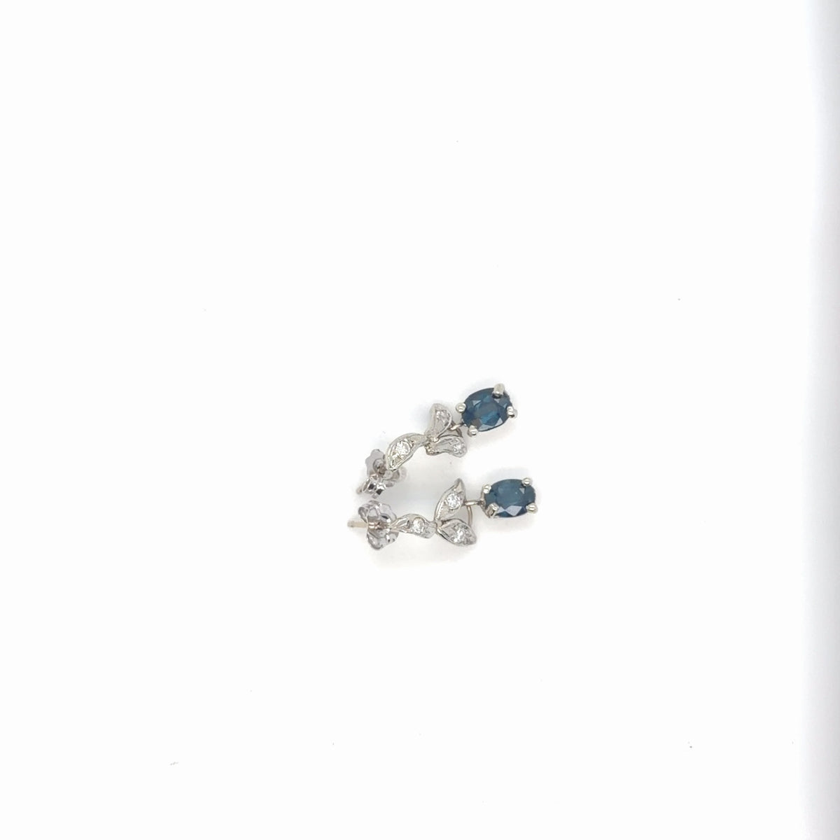 14K White Gold Blue Sapphire Oval & Diamond Drop Earrings 1.93g (view 2)