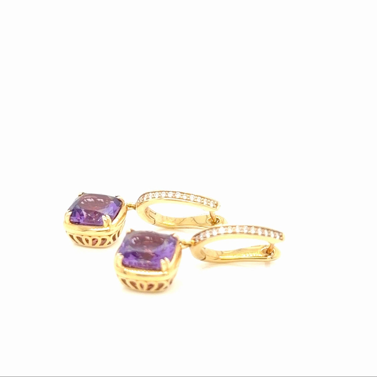 14K Yellow Gold Cushion Amethyst Diamond Drop Earrings 5.98g (view 3)