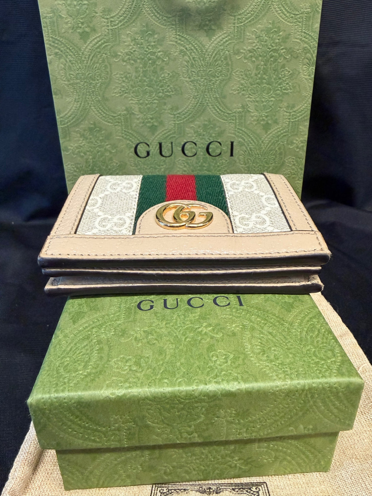 Gucci Ophidia GG Supreme Card Case Wallet, Beige Web, With Box (view 6)