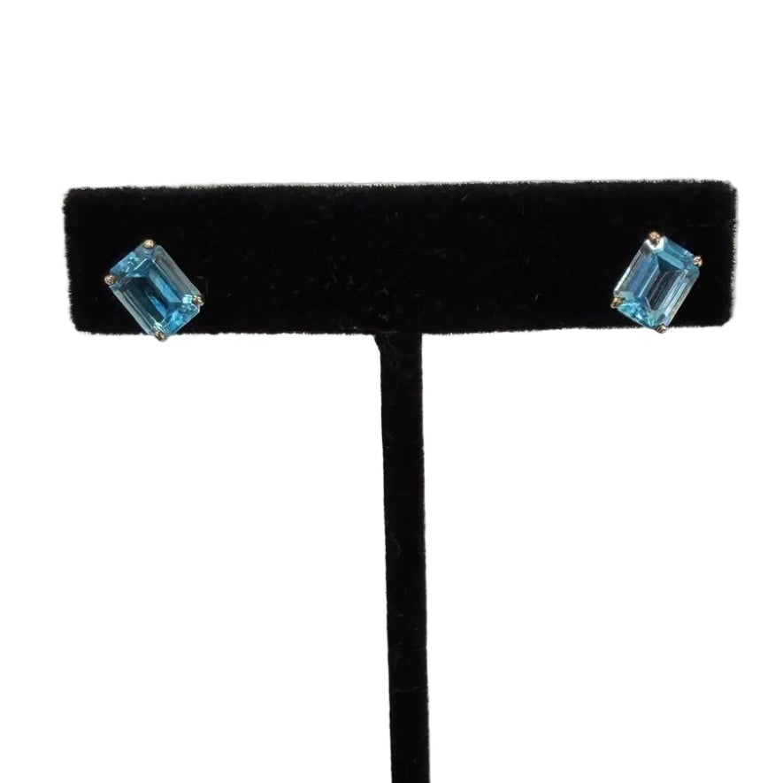 14K Yellow Gold Blue Topaz Emerald-Cut Stud Earrings 1.75g (view 4)