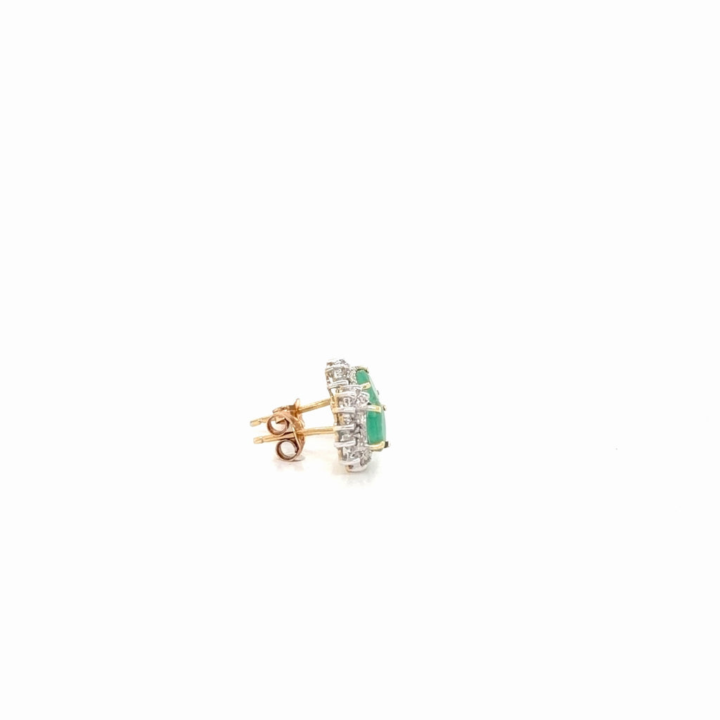 Emerald & Diamond Halo Stud Earrings Two-Tone 14K Gold, Oval Emerald (view 3)