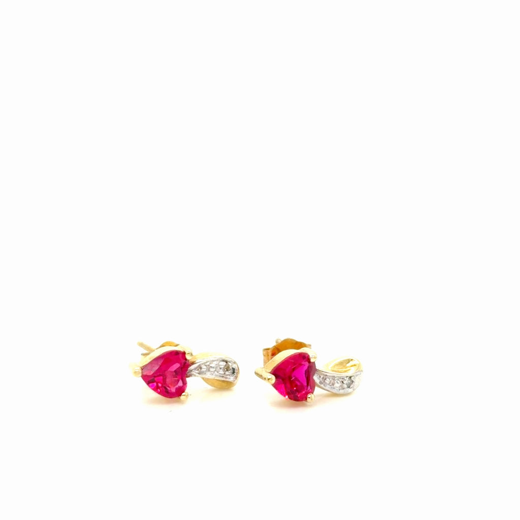 10K Two-Tone Gold Heart Synthetic Red Stone Diamond Stud Earrings (view 2)