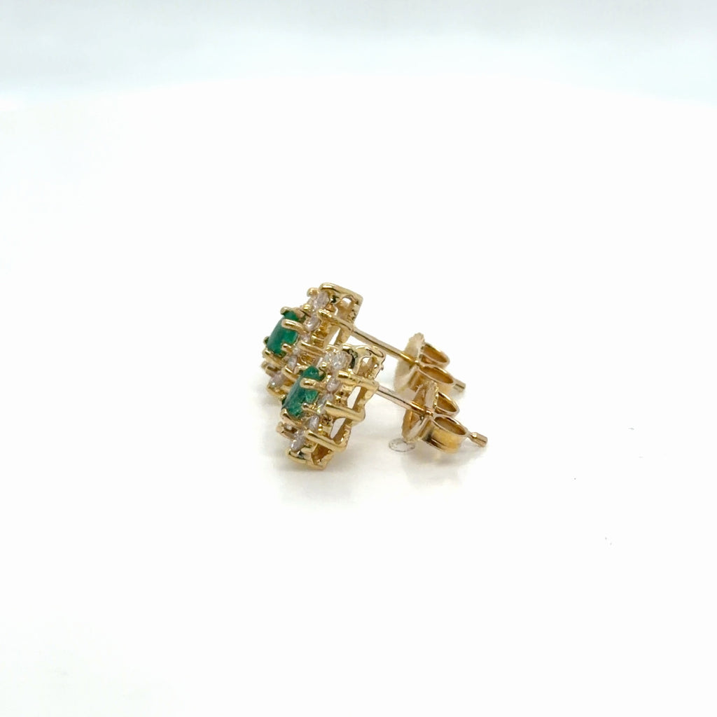 14K Yellow Gold Emerald Diamond Cluster Stud Earrings 0.65 ctw (view 3)