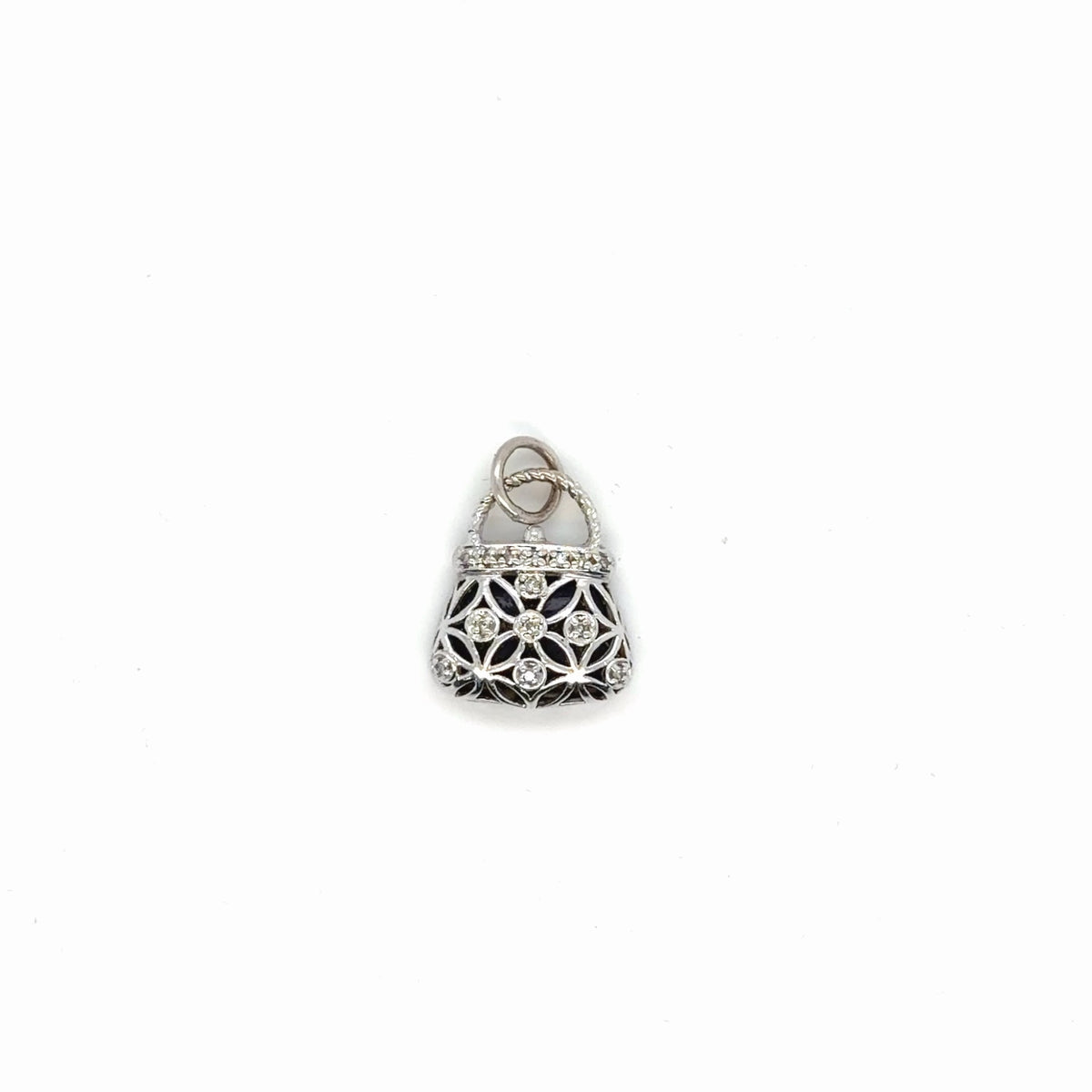 10K White Gold Onyx Diamond Filigree Handbag Charm Pendant, 3.07g (view 2)