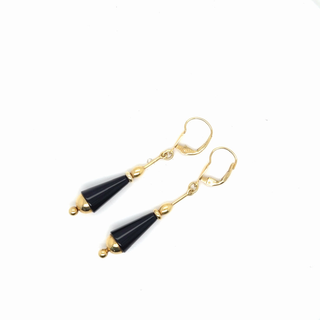 14K Yellow Gold Black Onyx Cone Drop Dangle Earrings Lever Back (view 3)