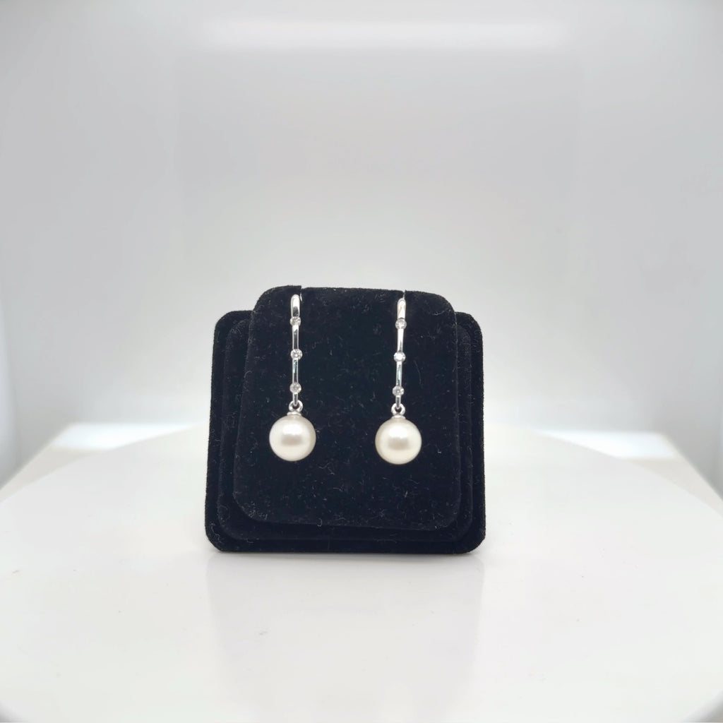 14K White Gold Pearl Diamond Drop Earrings, Natural Diamond 0.12 ctw (view 2)
