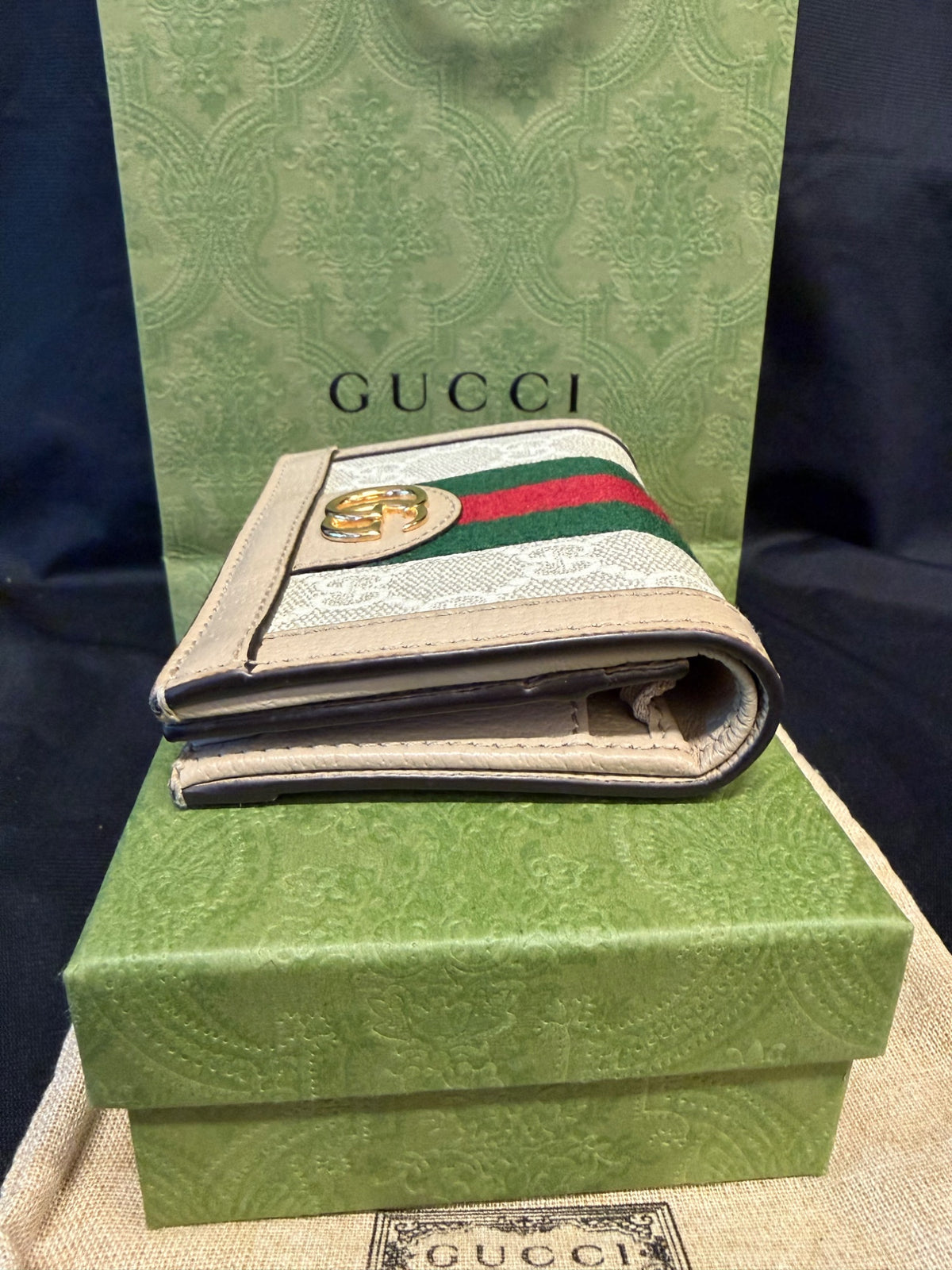 Gucci Ophidia GG Supreme Card Case Wallet, Beige Web, With Box (view 5)