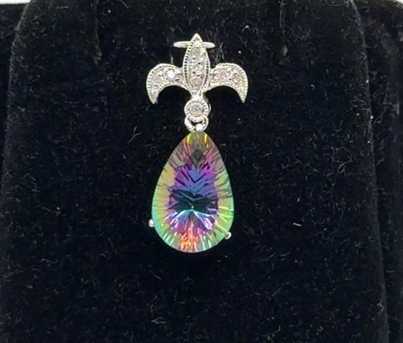 10K White Gold Natural Mystic Topaz Pear & Diamond Pendant