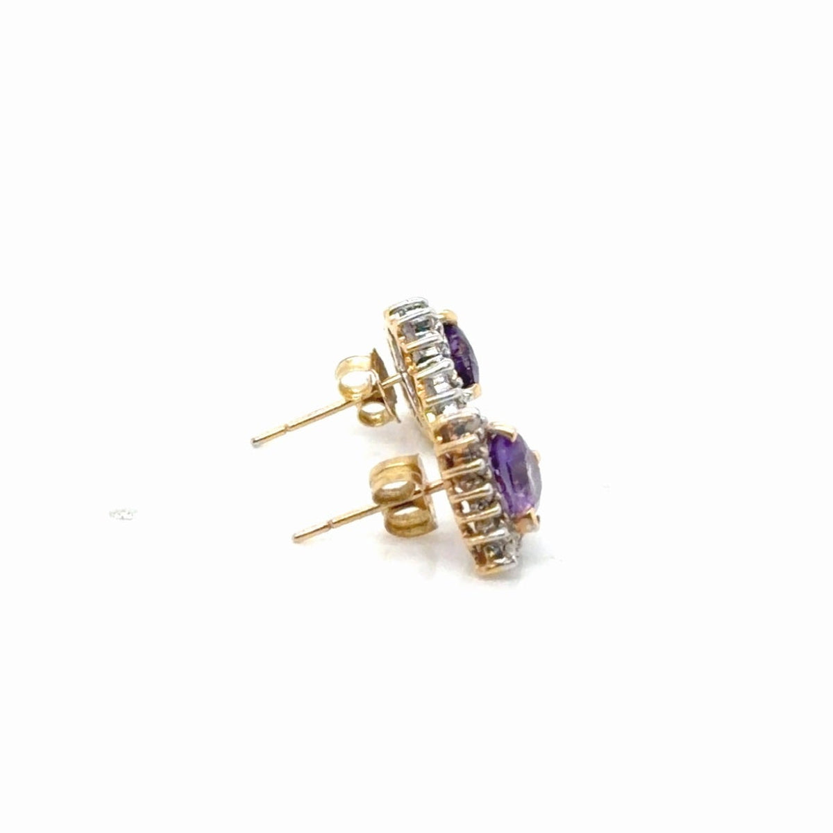 14k Two-Tone Gold Heart Amethyst Diamond Halo Stud Earrings (view 4)