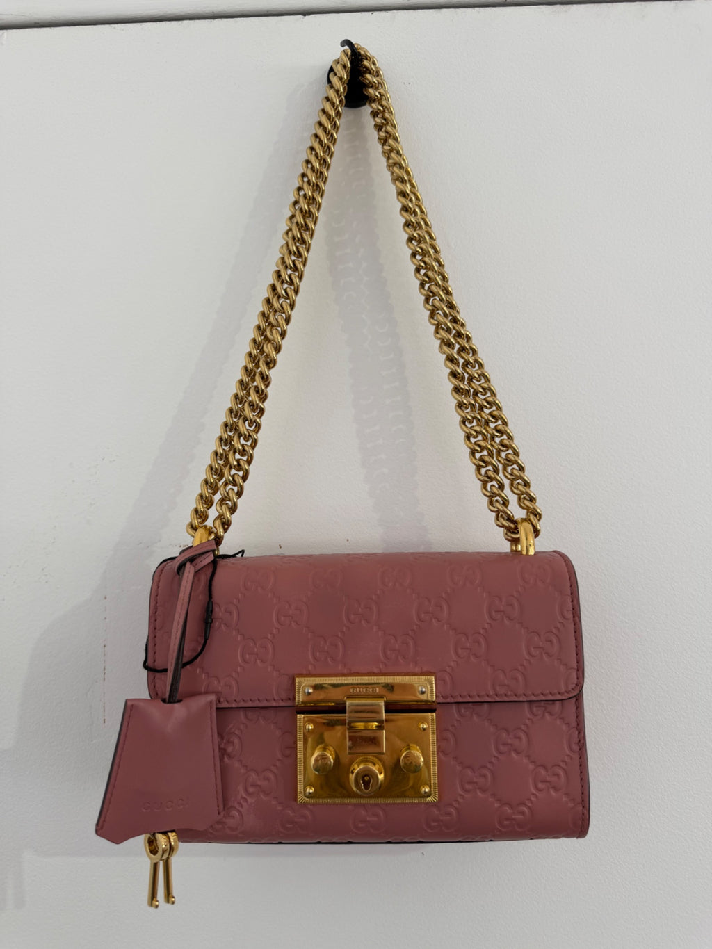 Gucci Padlock Small Guccissima Pink Leather Gold Chain Shoulder Bag (view 9)
