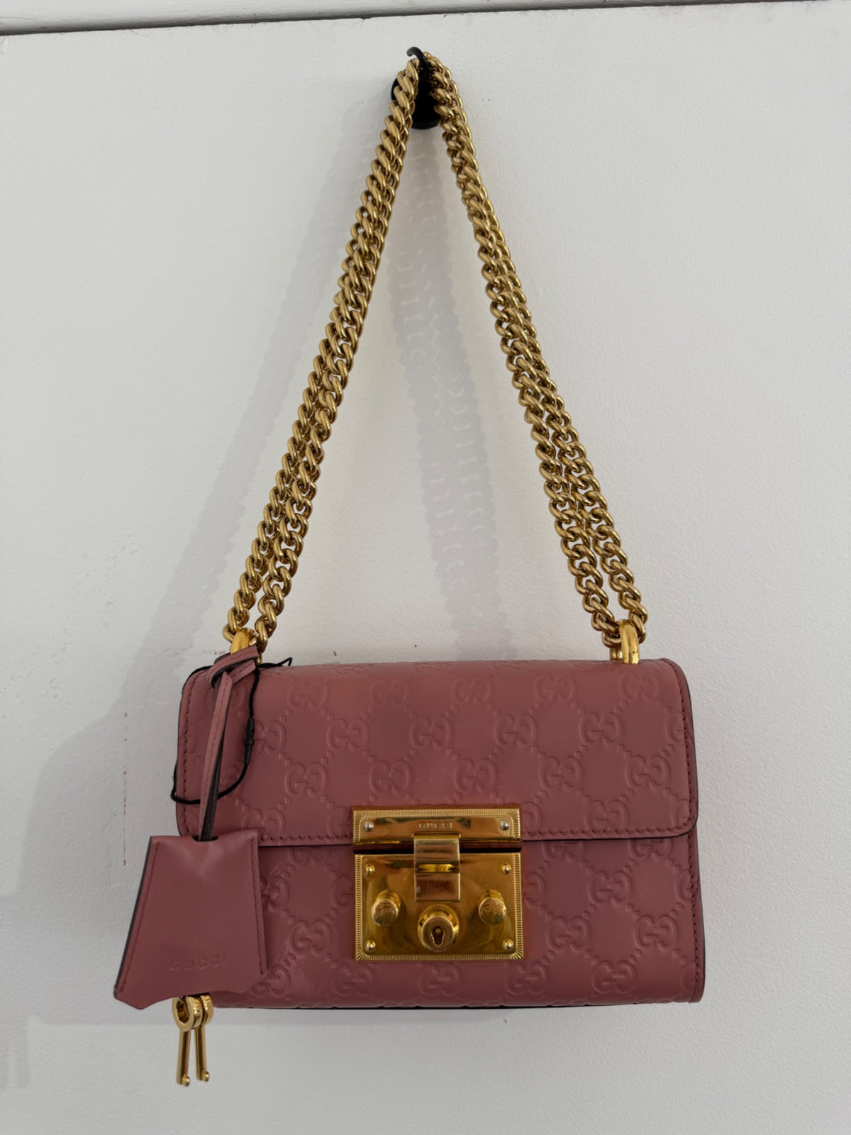 Gucci Padlock Small Guccissima Pink Leather Gold Chain Shoulder Bag (view 9)