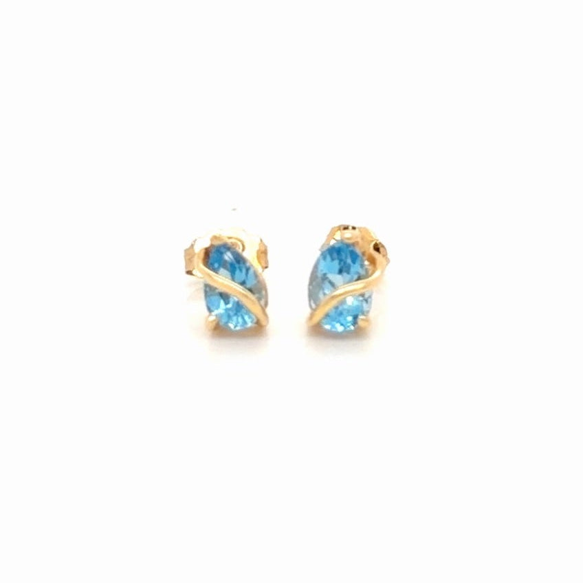 Blue Topaz Pear Cut Stud Earrings 14K Yellow Gold, 1.79g (view 2)