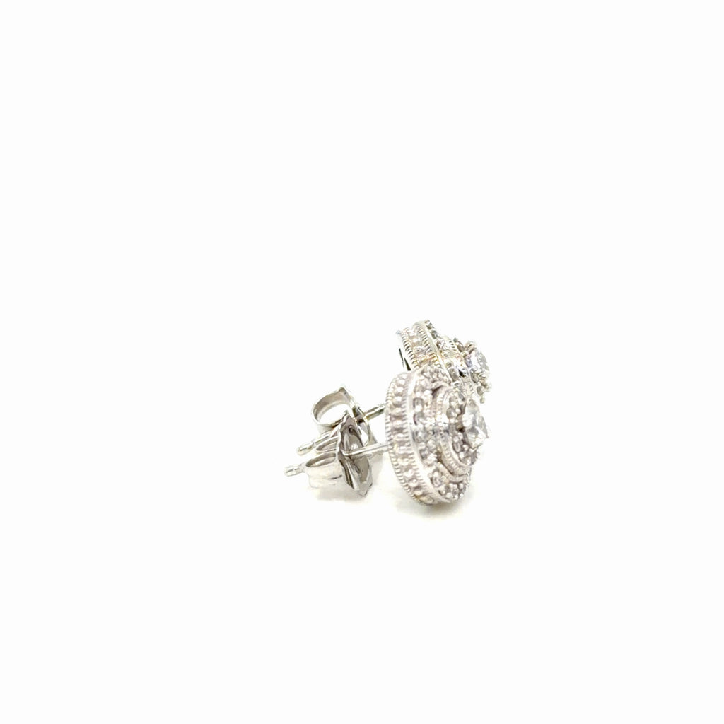 Diamond Halo Stud Earrings 10K White Gold 0.55 ctw Milgrain Vintage Style (view 4)