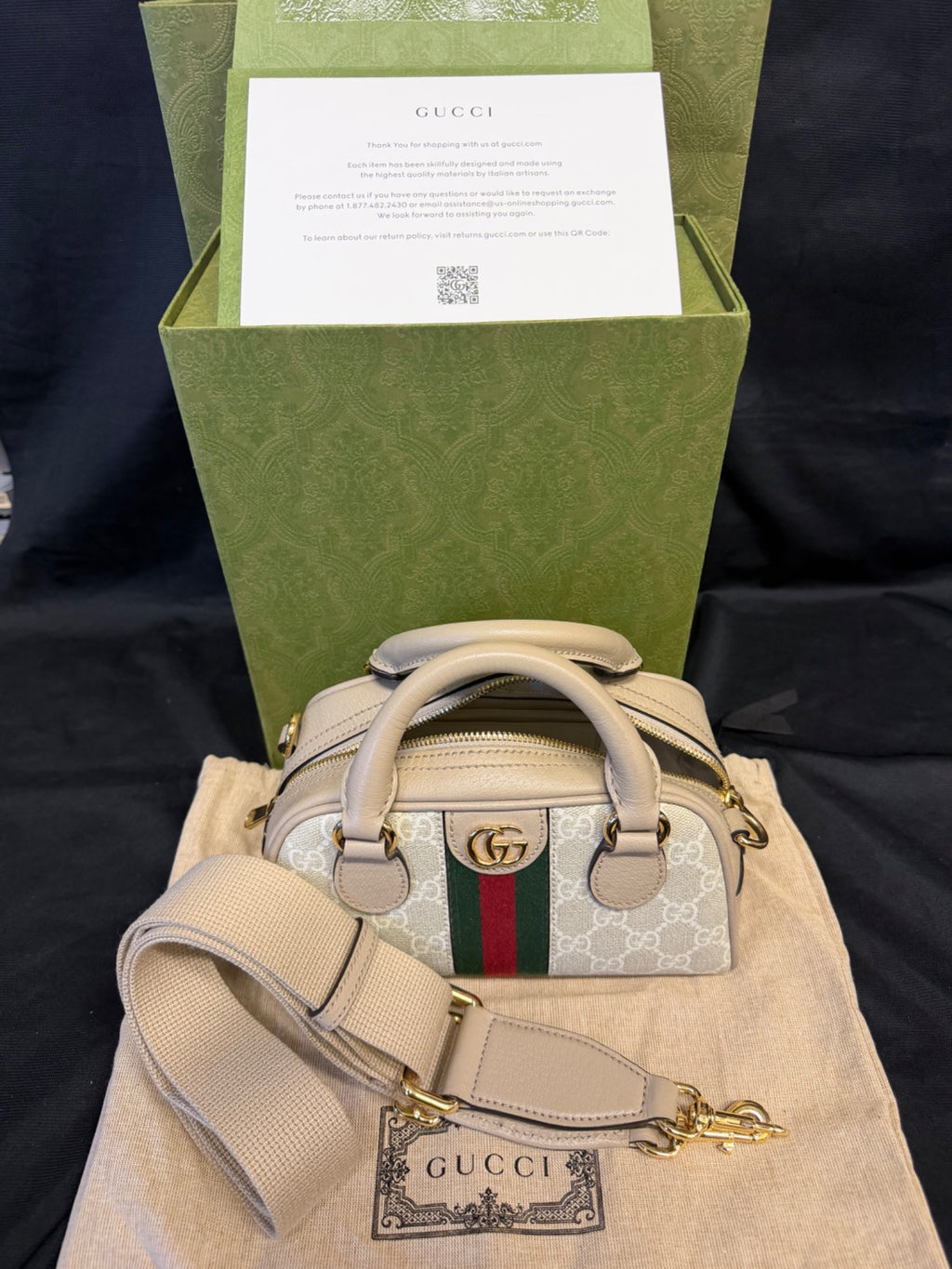 Gucci Ophidia Mini Bag GG Supreme Canvas Beige Web Crossbody