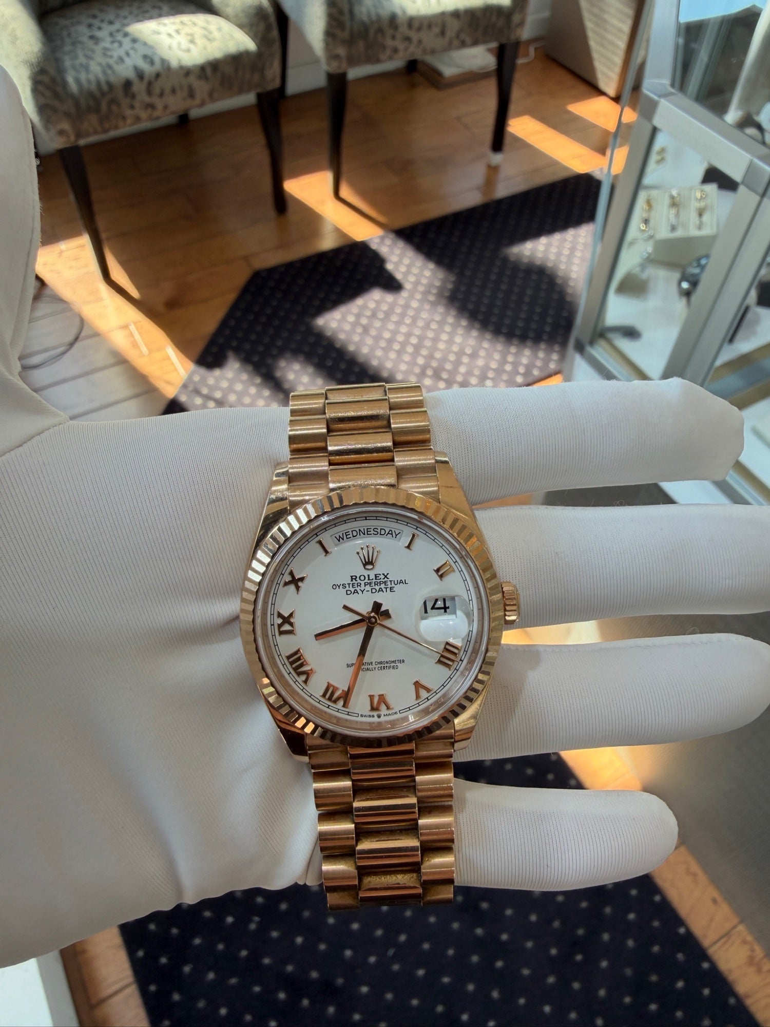 Rolex Day-Date 36 18K Rose Gold White Roman Dial Ref 128235 2022 (view 2)