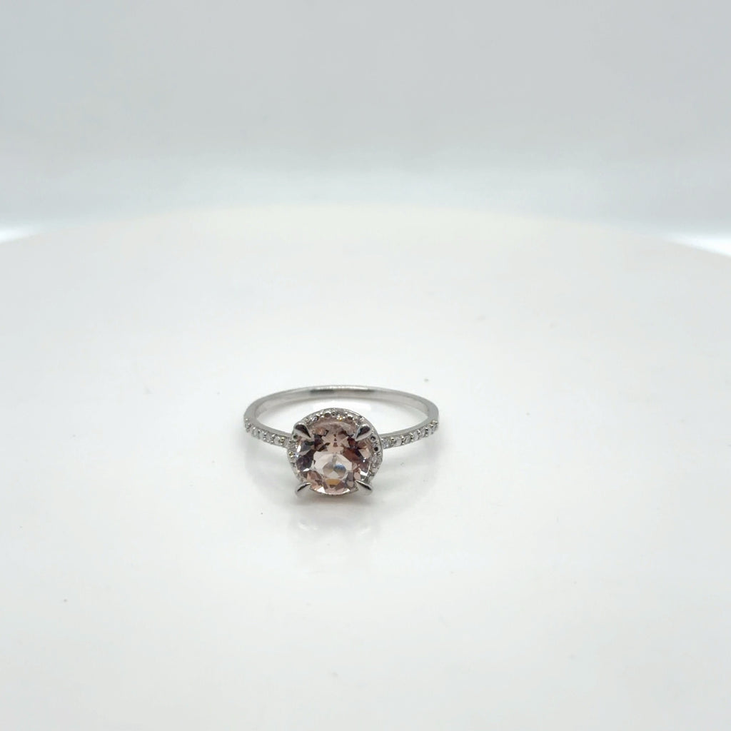 Morganite Diamond Halo Ring 10K White Gold Round Cut Size 7.25