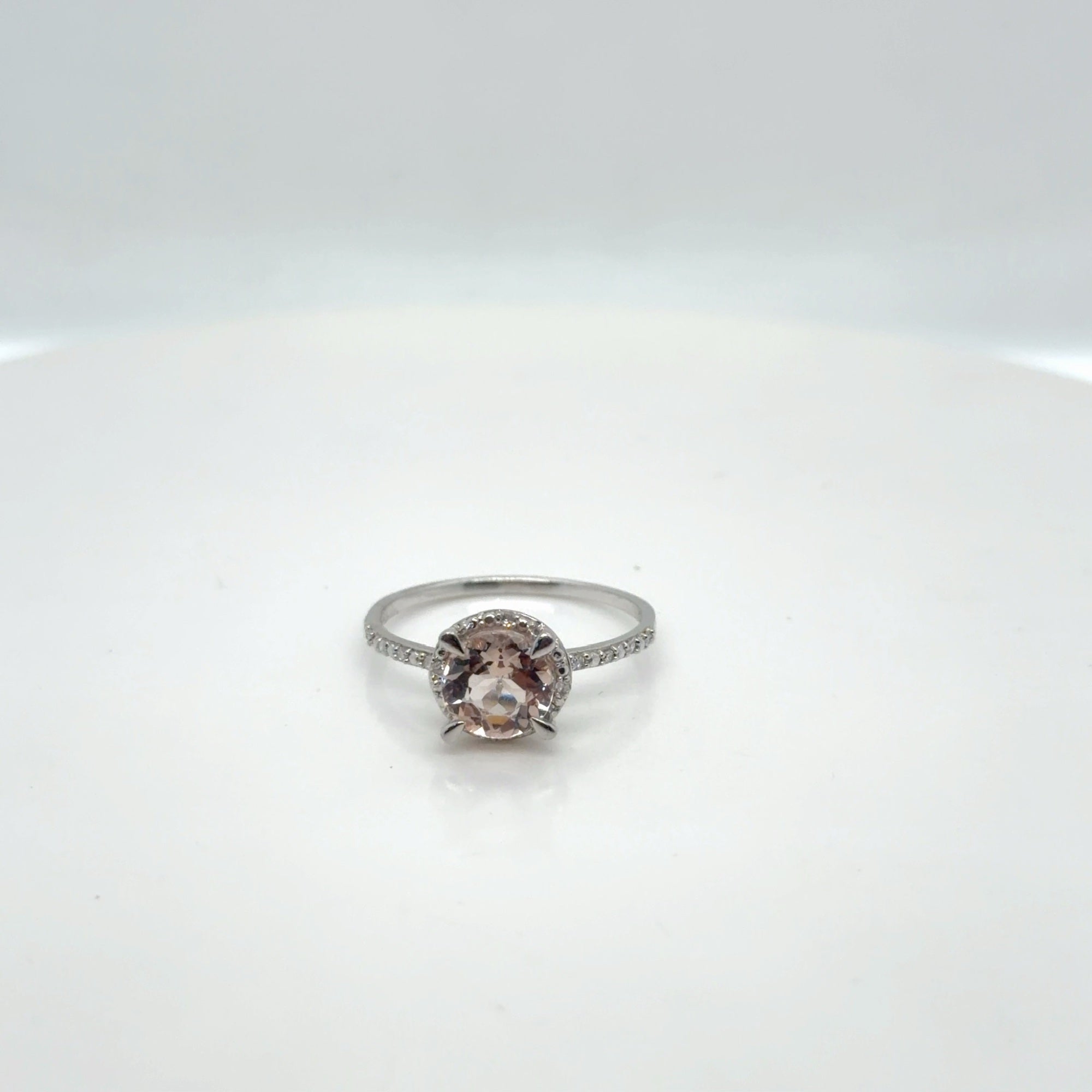 Morganite Diamond Halo Ring 10K White Gold Round Cut Size 7.25