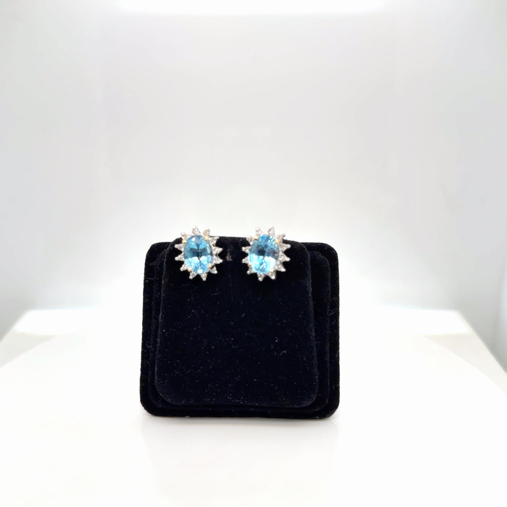 14k Two-Tone Gold Blue Topaz Oval & Diamond Halo Stud Earrings