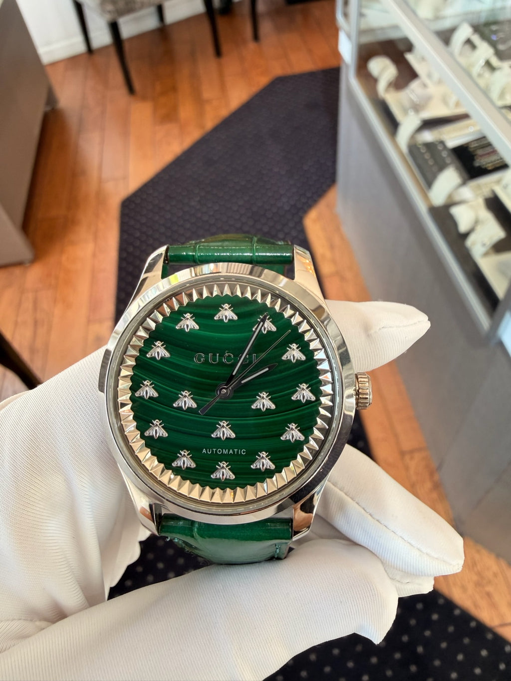 Gucci G-Timeless Automatic Green Malachite Bee Dial Leather Watch (view 2)