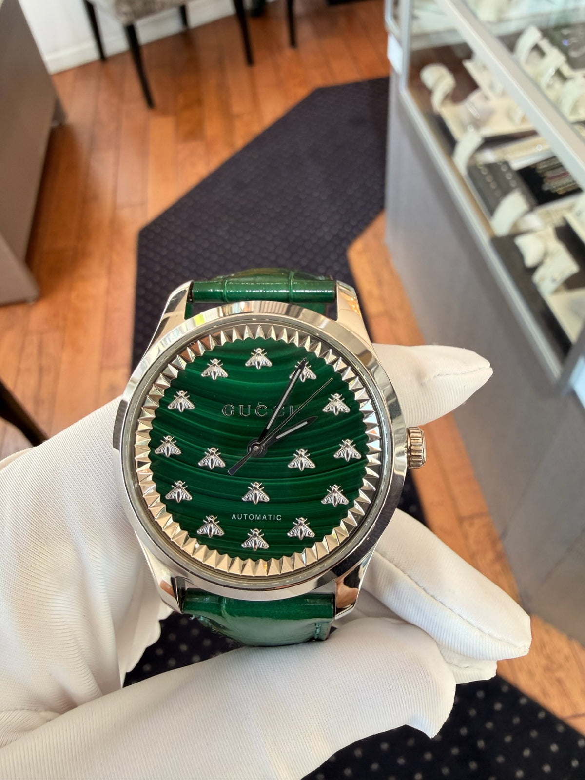 Gucci G-Timeless Automatic Green Malachite Bee Dial Leather Watch (view 2)